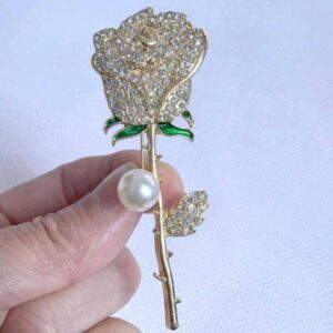 Gold rose rhinestone flower broach