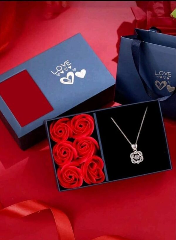 Sterling silver and cubic zirconia stone necklace with preserved fresh rose in gift box with card and bag