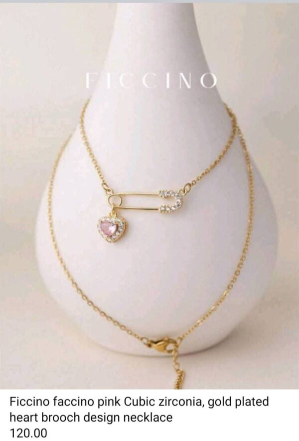 Ficcino Faccino Pink Cubic Zironica Gold Plated Heart Design Necklace