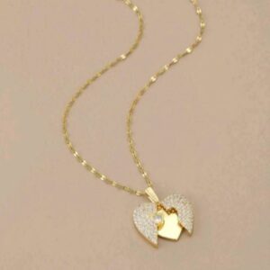 Full Rhinestone Stainless Steel Heart Wing Necklace