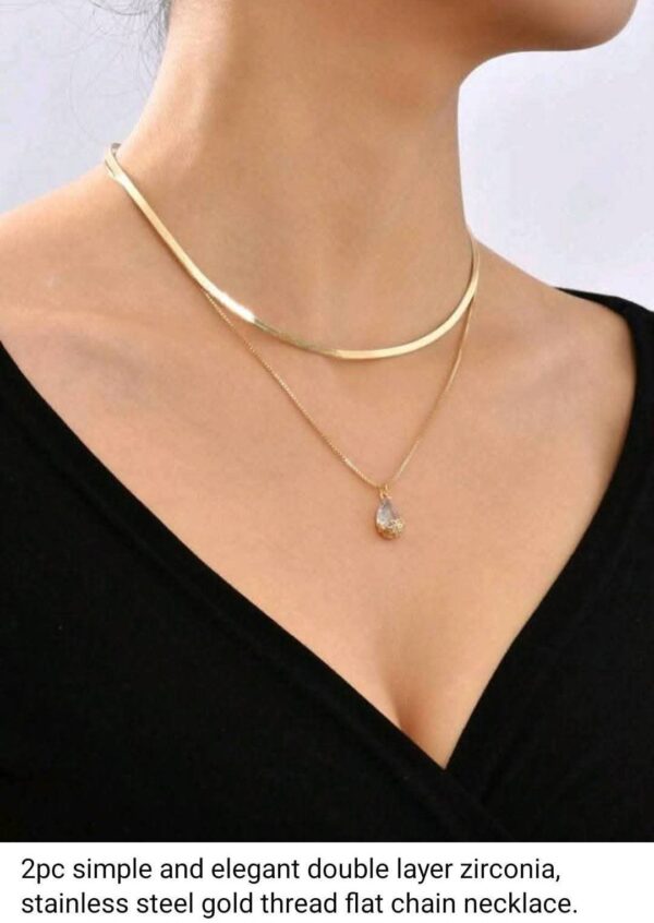 2pc simple and elegant double layer zirconia, stainless steel gold thread flat chain necklace