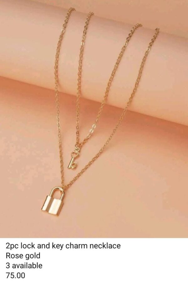 2pc Rose Gold Lock and Key Charm Necklace