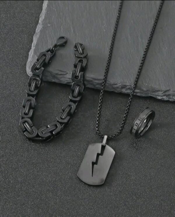 Men's Black Chain, Band and Ring Set