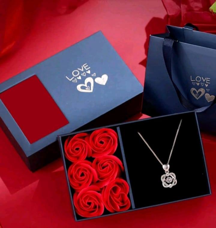 Beautiful Double Heart Pendant Necklaces, White Stones In A Rose Gift Box