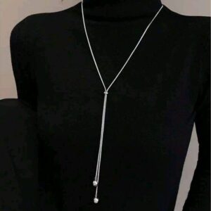 1pc Fashionable Ins Style Stainless Steel Round Bead Faux Pearl Tassel Pull-Out Adjustable Long Necklace