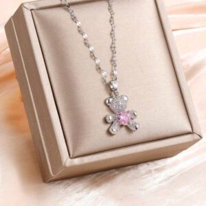 1 Pc Girls Exquisite Cute Pink Heart Cubic Zirconia Bear Pendant Necklace