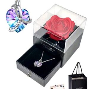 Real Preserved Red Rose Necklace with Heart, “I Love You Forever”