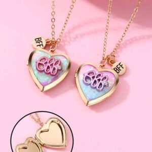 2pcs Girls’ Heart Shaped Jewelry Box & Flower Shaped Zinc Alloy Colored Oil Drop Pendant Necklaces Set