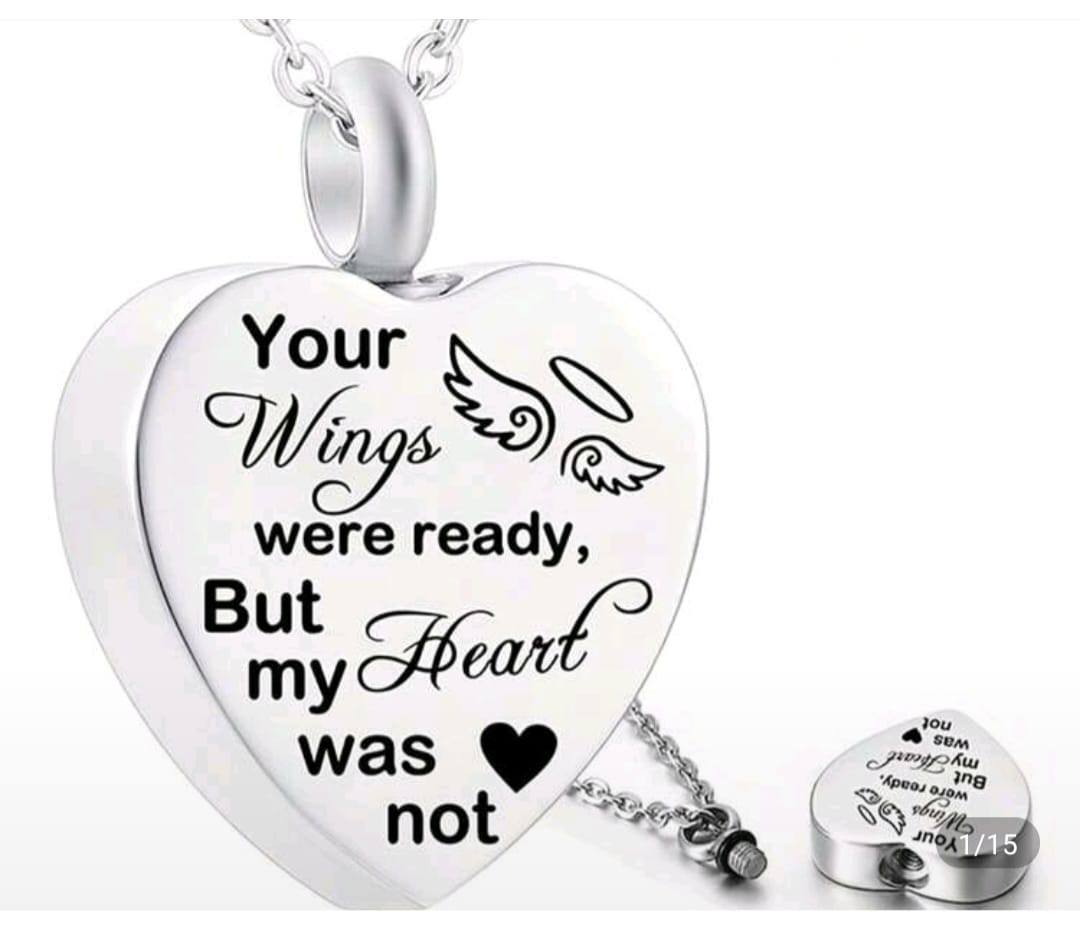 "Your Wings Were Ready But My Heart Was Not " Stainless Steel Heart Pendant Cremation Urn Necklace Ashes Jewelry Memorial Pendant