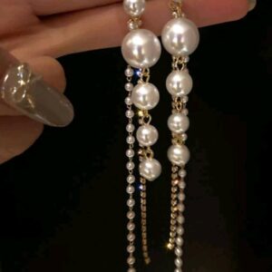 Sparkling Long Pearl Tassel Earrings with Zirconia Studs Elegant Design