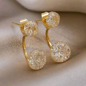 2pcs Round Heart Shaped Copper Mesh & Cubic Zirconia Stud Earrings