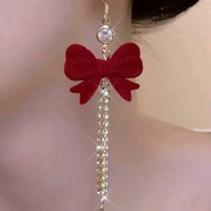New Year Wine-Red Velvet Bow & Tassel Pendant Earrings