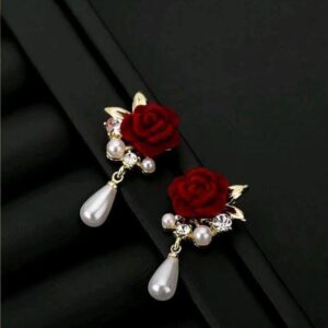 1 Pair Vintage Red Velvet Floral Faux Pearl Elegant Stud Earrings