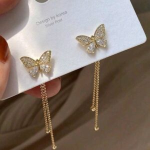 Women Long Tassel Earrings Korean Sweet Butterfly Rhinestone Earring