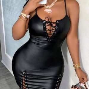 Black Metal Strap Binding Mini Bodycon Dress