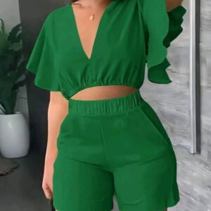 Women Elegant Pocket Shorts And V-Neck Blouse Top Suit Solid Tracksuit Green