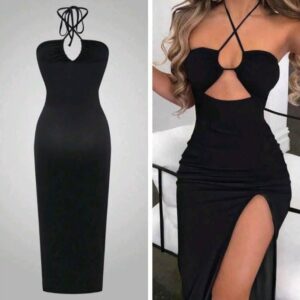 Halter Plunging Neckline Ruched Bodycon Maxi Dress with High Slit Rave Party Club Dress