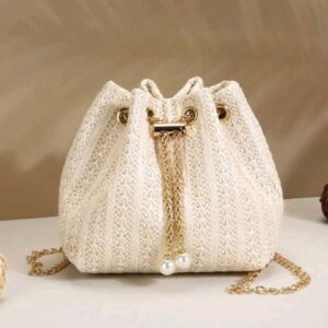 Wheat Ear Woven Straw Crossbody Bag For Women, White, Metal Chain Bucket Bag