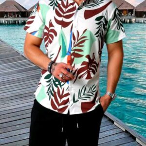 2pcs Men’s Casual Tropical Plant Print Short Sleeve Shirt And Drawstring Waist Shorts Set
