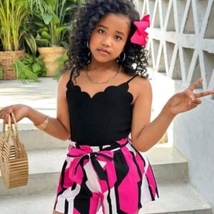 Girl’s Printed Summer Romper Spaghetti Strap Bow Belted Rompers