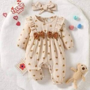 Baby Girl Heart Print Bow Ruffle Romper with Headband