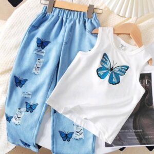 Young Girl Butterfly Printed Sleeveless Top And Elastic Waist Long Pants Summer Casual 2pcs Outfits