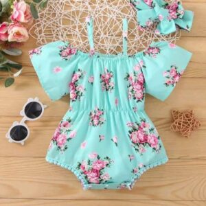 Baby Girl Floral Print Cold Shoulder Bodysuit & Headband