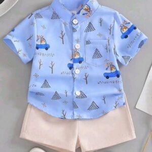 Spring and Summer Boys’ Two-Piece Set: Single-Breasted, Print Top with Solid Color Shorts,