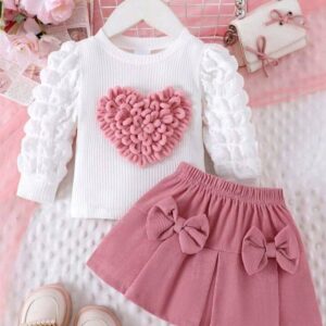 2pcs Toddler Girls’ Elegant Heart Puff Sleeve Top + Skirt Set