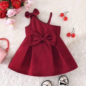 Baby Girls Solid Color Dress with Bow Decoration