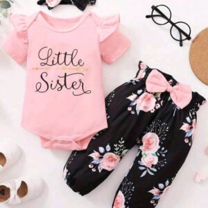 Baby Girls Cotton Short Sleeve Bodysuit Romper + Matching Floral Print Pants + Headband Baby