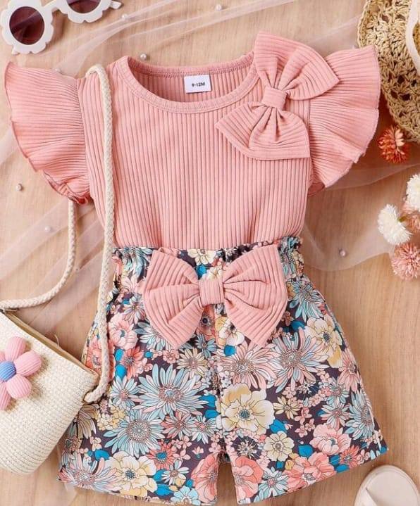 2pcs Baby Girls' Cute Cap Sleeve T-Shirt And Printed Shorts Set