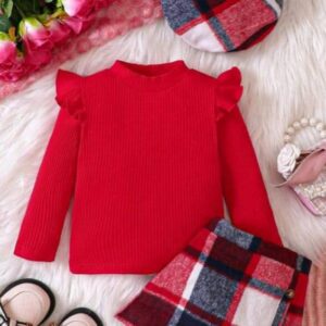 Children’s clothing Girls Fashion casual dress 3-piece knitted crew-neck wing sleeve shirt plaid skirt beret