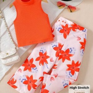 2pcs Young Girl Casual Summer Resort Playwear Set – Flowy Sleeveless Top & Relaxed Waist Straight Leg Pants