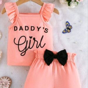Toddler Girls Slogan Graphic Ruffle Sleeve Top & Bowtie Shorts