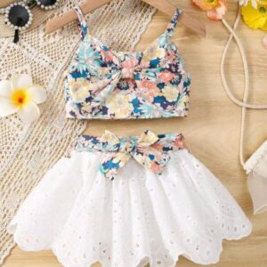 Vintaside Kids Young Girl Floral Print Cami Top & Belted Schiffy Skirt