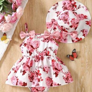 Baby Girls Floral Print Ties and Hat 2 Piece Summer Dress