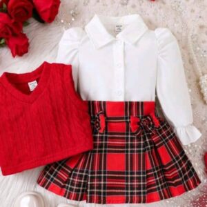 Baby Girl Puff Sleeve Blouse & Tartan Pleated Skirt & Vest