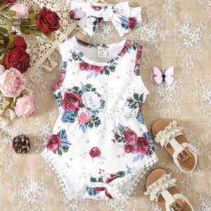 Baby Girl Elegant Floral Printed Bodysuit With Hairband