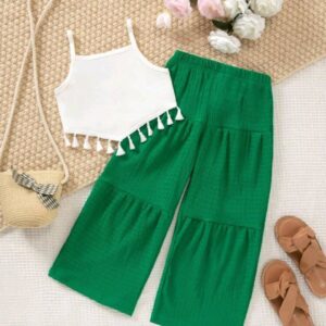 Summer Girls’ Casual Fashion White Tassel Tank Top with Green Wide-Leg Pants 2pcs Set