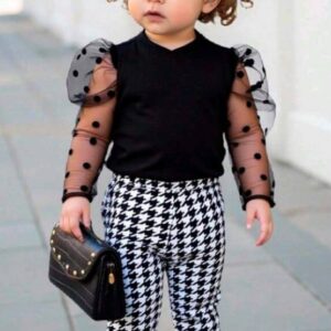 2pcs Baby Girl Cute Knit Panel Polka Dot Mesh Top And Houndstooth Flare Pants Set