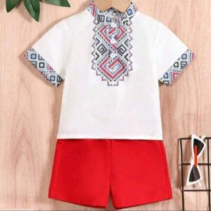 2pcs/Set Retro Printed Stand Collar Outfit For Baby Boys