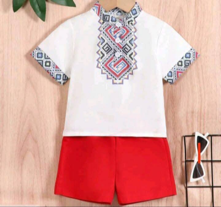 2pcs/Set Retro Printed Stand Collar Outfit For Baby Boys