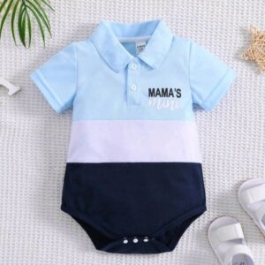 Baby Boy Summer Casual Letter Printed Color-Blocking Polo Collar Romper
