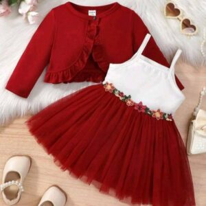 Kids 2 Sets for Baby Girls for Fall and Winter: Red Mesh Dress and Green Top, Cute Casual Outfits