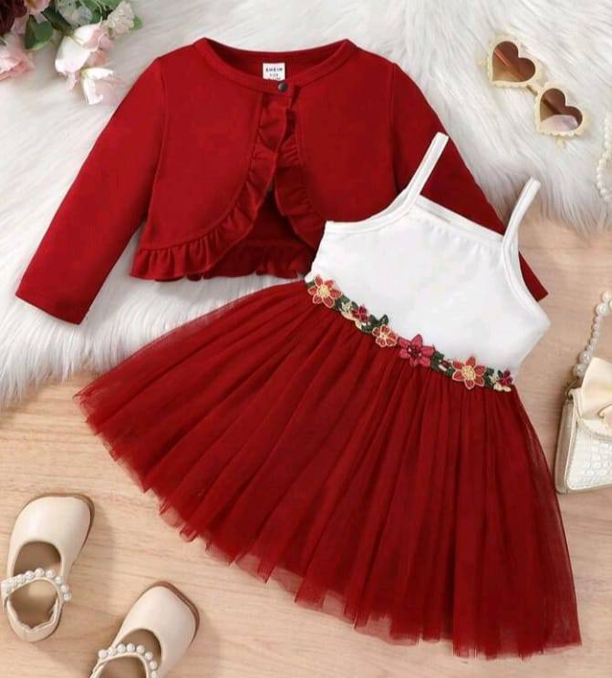 Kids 2 Sets for Baby Girls for Fall and Winter: Red Mesh Dress and Green Top, Cute Casual Outfits