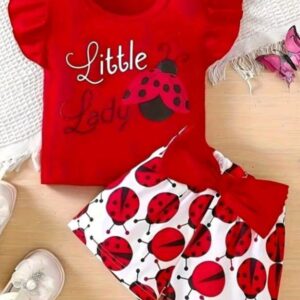 2pcs Baby Girls’ Daily Cute Comfortable Outfit, Includes Cap Sleeve Ladybug Pattern Top And Elastic Waistband Bloomers With Bowknot