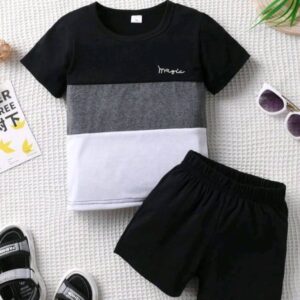2pcs Young Boy Summer Color Block Round Neck Short Sleeve T-Shirt And Shorts Set