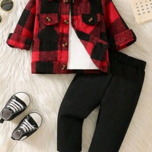 Kids 2pcs Baby Boy Plaid Long Sleeve Single-Breasted Jacket And Solid Color Pants Casual Outfit