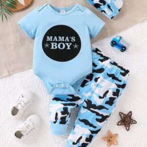 Infant Baby Boys’ Cute Letter Print Army Green Hat Bodysuit With Long Pants